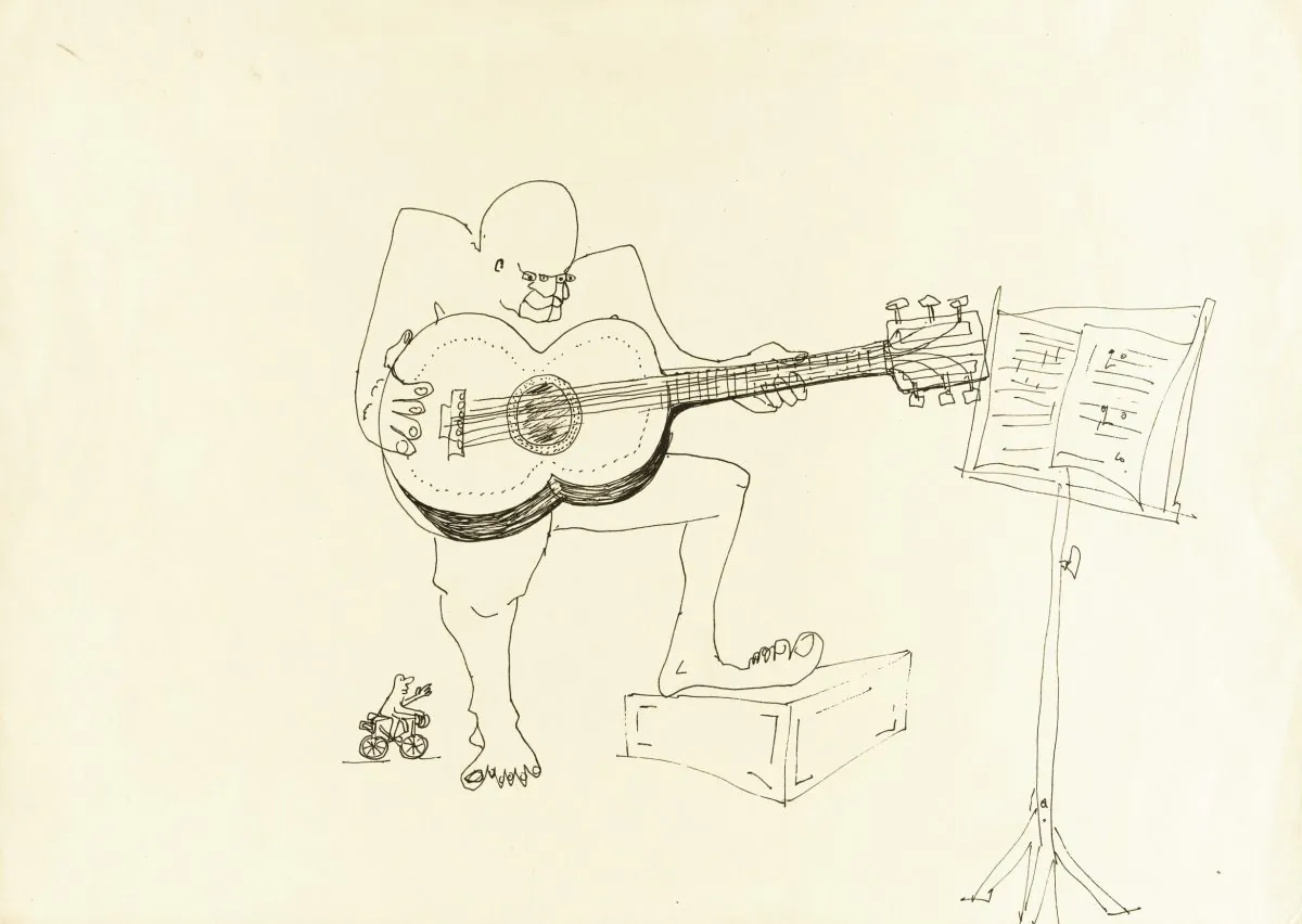 This undated photo provided by Sotheby’s shows an untitled ink drawing by John Lennon of a guitar player, auctioned by Sotheby's in New York on Wednesday, June 4, 2014. (AP Photo/Sotheby's, John Lennon)
