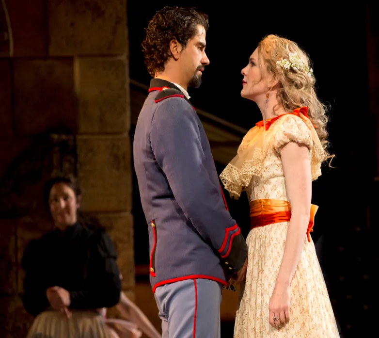 Benedick (Hamish Linklater) and Beatrice (Lily Rabe) finally overcome their cleverness and fall in love. (Joan Marcus)