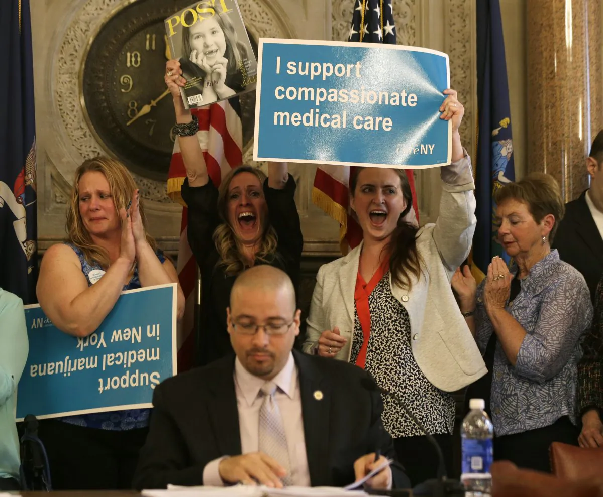 Supporters cheer after the Senate health committee advanced a bill that would legalize medical marijuana in New York State, at the Capitol in Albany on May 20, 2014. With attention turning to fall elections, New York lawmakers may end their session without voting on a minimum wage hike, medical marijuana, public campaign financing, or other high-profile issues. (AP Photo/Mike Groll)