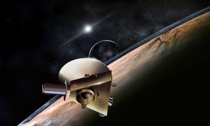 Artist's concept of the New Horizons spacecraft during a planned encounter with Pluto and its moon, Charon. (John Hopkins University Applied Physics Laboratory/Southwest Research Institute)