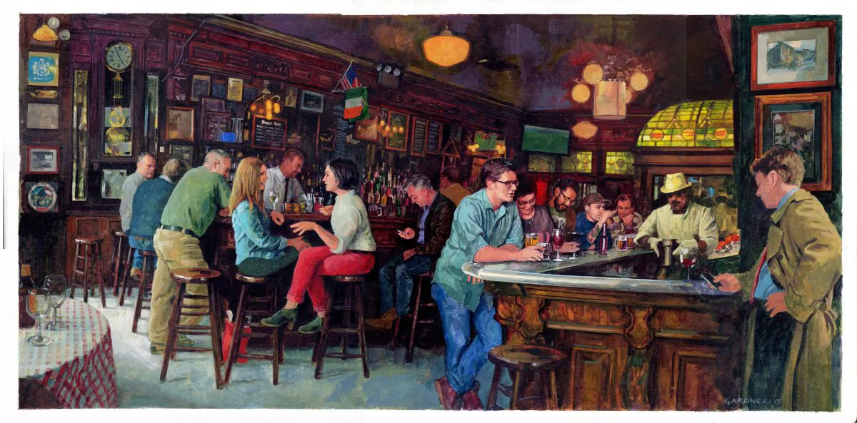 "P.J. Clarke's Bar Scene" by Stephen Gardner. Gouache. (Courtesy of Society of Illustrators)