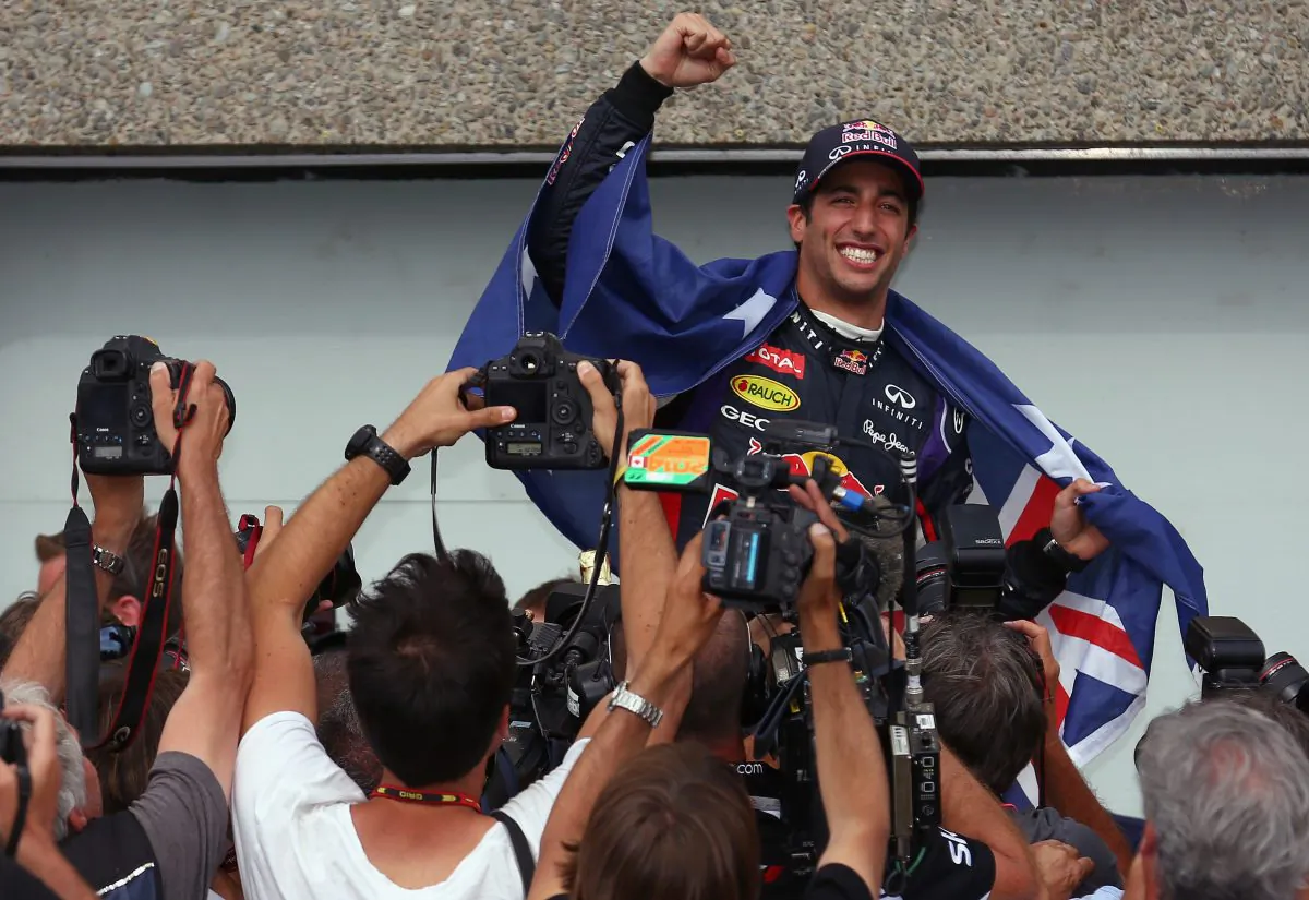 Race winner Daniel Ricciardo of Red Bull Racing is carried aloft by his pit crew following his first grand prix victory at the Formula One Canadian Grand Prix at Circuit Gilles Villeneuve on June 8, 2014 in Montreal, Canada. (Tom Pennington/Getty Images)