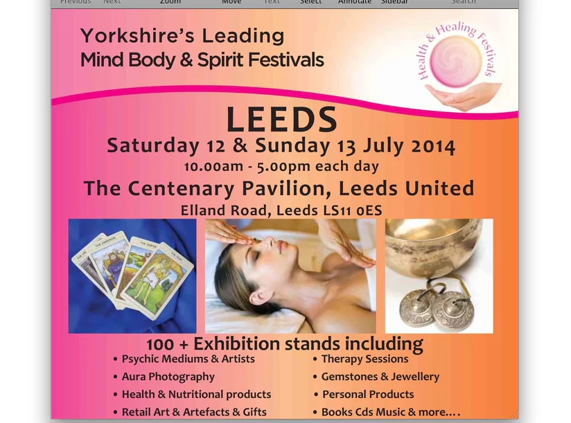 Leeds Health & Healing Festival is coming to The Centenary Pavilion, Leeds United FC, Elland Road, Leeds in the North of England, 
on the weekend of July 12 and 13. This will be its 7th year.