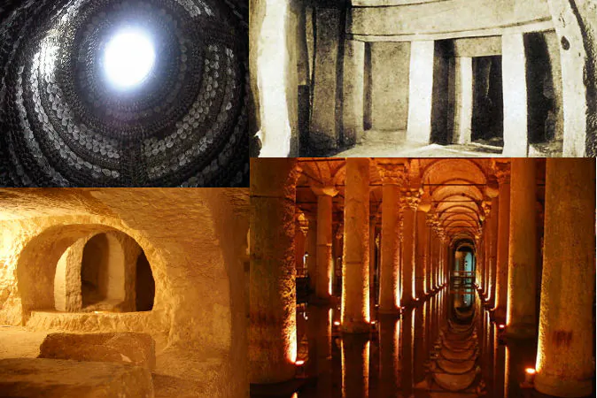 Top left: The mysterious Shell Grotto of Margate, under Kent, England. Bottom left: Catacomb under St. Paul's Grotto in Malta. Top right: The Hypogeum of Hal Saflieni in Malta. Bottom right: Basilica Cistern under Istanbul, Turkey. (All via Wikimedia Commons)