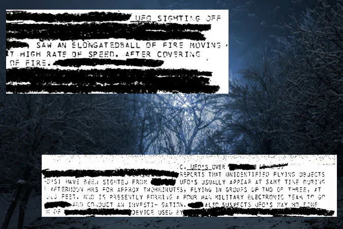 Excerpts from a declassified National Security Agency document on UFOs. (Screenshot/NSA.gov; Background concept image of a UFO via Thinkstock)