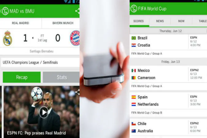 Screenshots of the ESPN FC Soccer & World Cup app. Image of a hand holding a smartphone via Thinkstock. 