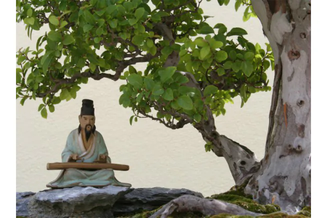 A small statue of an ancient Chinese musician playing the qin rests under a tree. The qin is a Chinese stringed instrument of the zither family. (Gabriel Eckert/Photos.com)