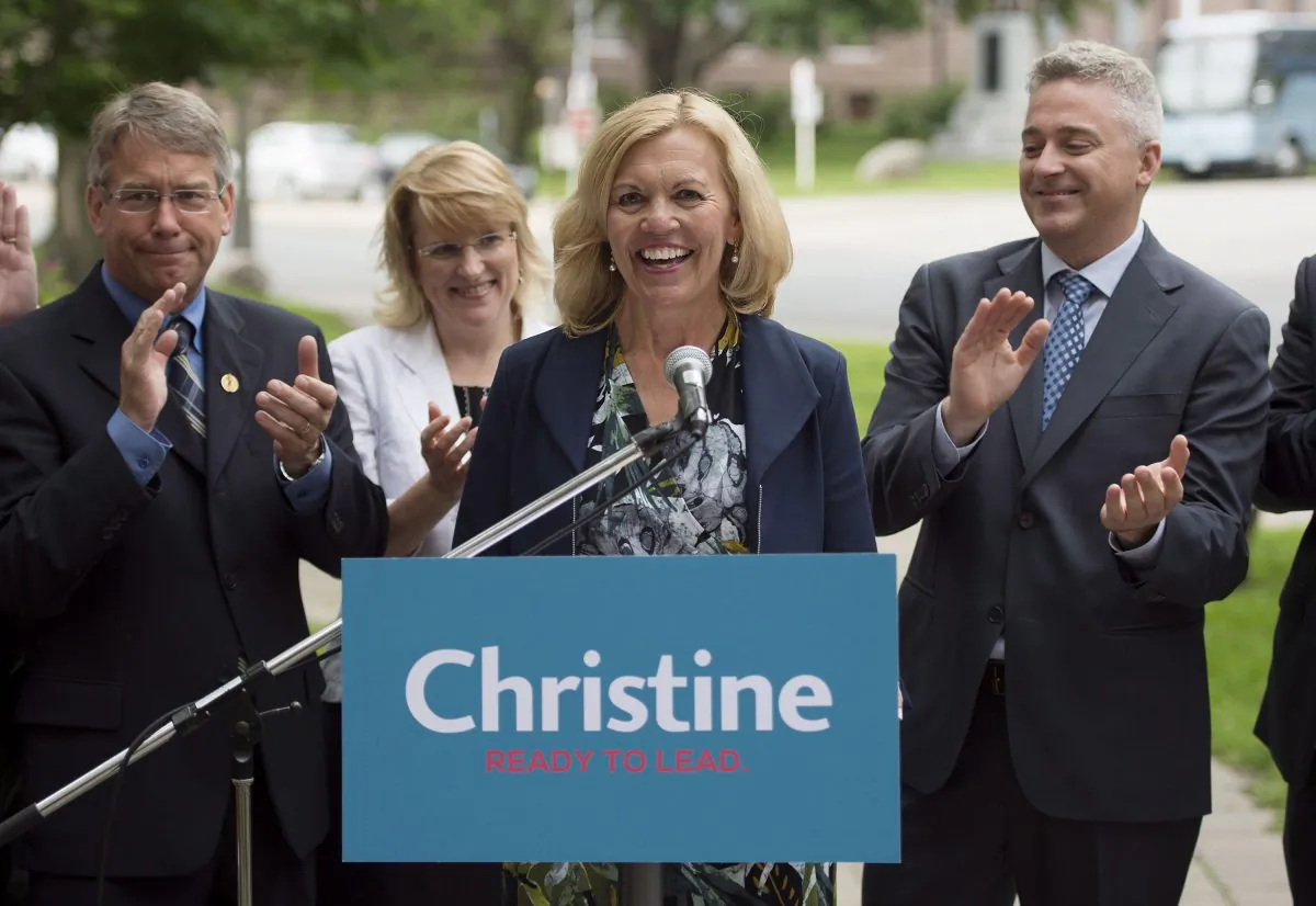 Christine Elliott, widow of former federal Finance Minister Jim Flaherty, announces her intention to run for the Ontario PC leadership during a press conference in Toronto on June 25, 2014. (The Canadian Press/Darren Calabrese)