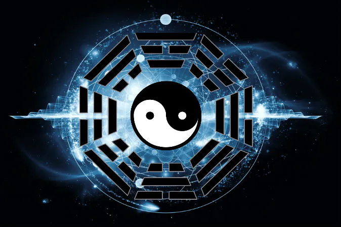 Background image: A conceptual illustration representing quantum mechanics. (Shutterstock*) Foreground image: A diagram of the eight trigrams. (Wikimedia Commons)