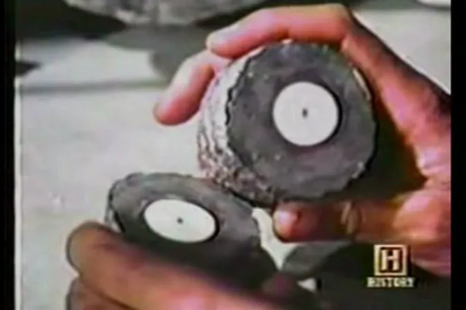 The spark plug found in a formation in California in 1961, known as the Coso Artifact, as shown in a History Channel airing of Leonard Nimoy's TV program "In Search Of ..." (Screenshot/YouTube)