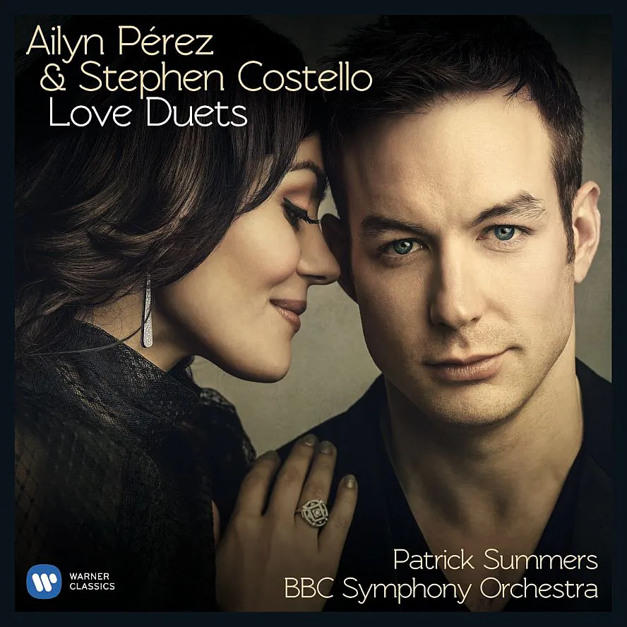 Beautiful soprano Ailyn Pérez and handsome tenor Stephen Costello on the cover of their new CD “Love Duets.”(Courtesy of Warner Classics) 