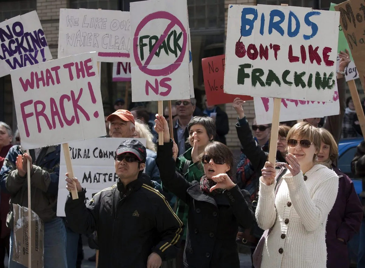 Protesters gather outside the Nova Scotia legislature in Halifax to show their opposition to the use of fracking, April 22, 2011. Dr. Frank Atherton, Nova Scotia’s deputy chief medical officer of health, says that since there are so many unknowns around fracking, it's best to proceed with caution. (The Canadian Press/Andrew Vaughan)