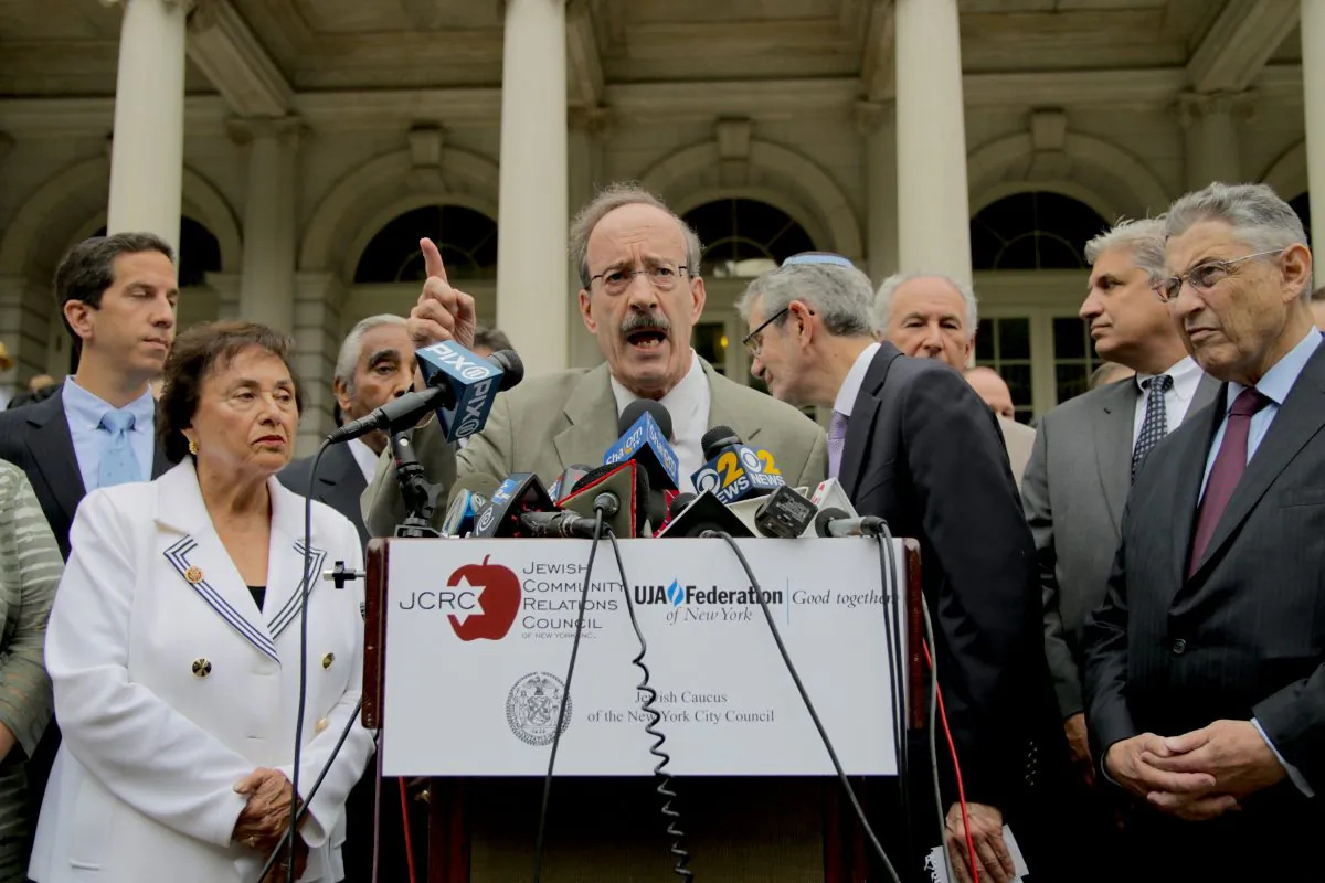U.S. Congressman Eliot Engel speaking in front of City Hall in support of Israel on July 14, 2014. (Allen Xie)