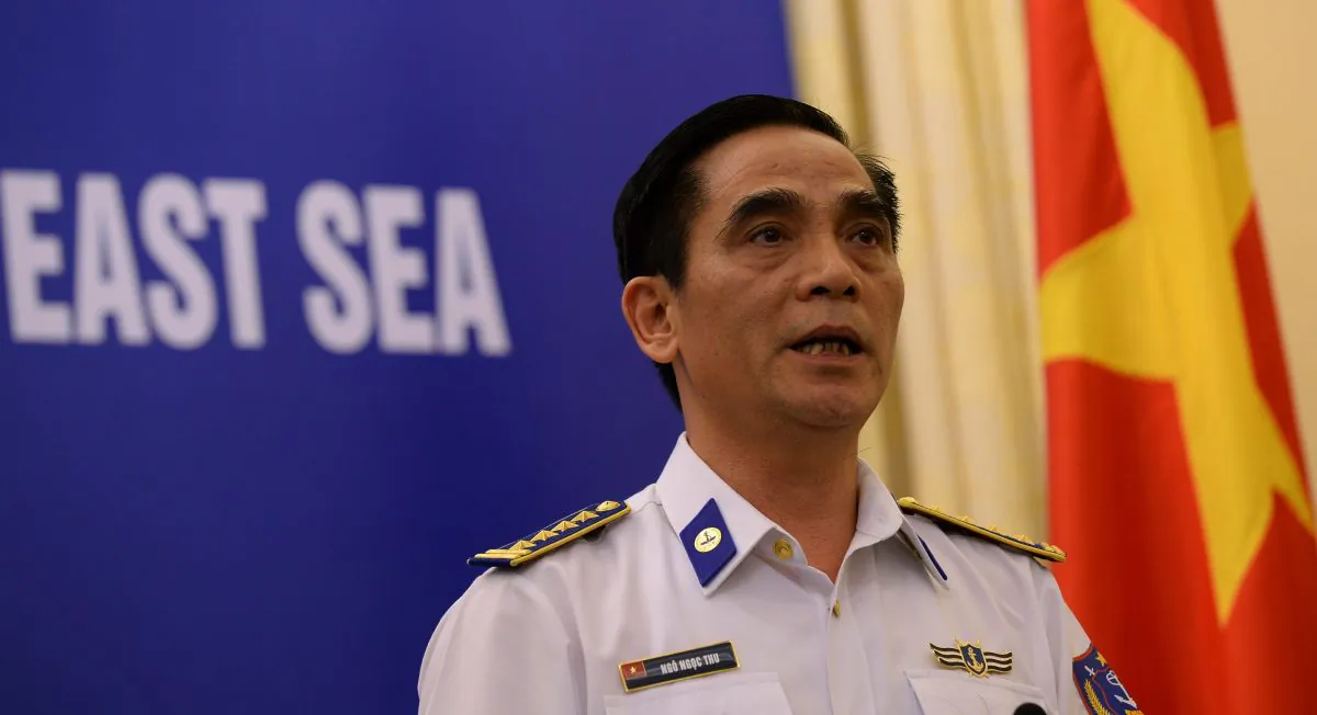 Ngoc Ngoc Thu, deputy commander of the Vietnam Coast Guard, addresses tensions between China and Vietnam during a press conference in Hanoi on June 5. On Wednesday China announced it was removing its controversial oil rig from waters between Vietnam and the Paracel Islands. (HOANG DINH NAM/AFP/Getty Images)