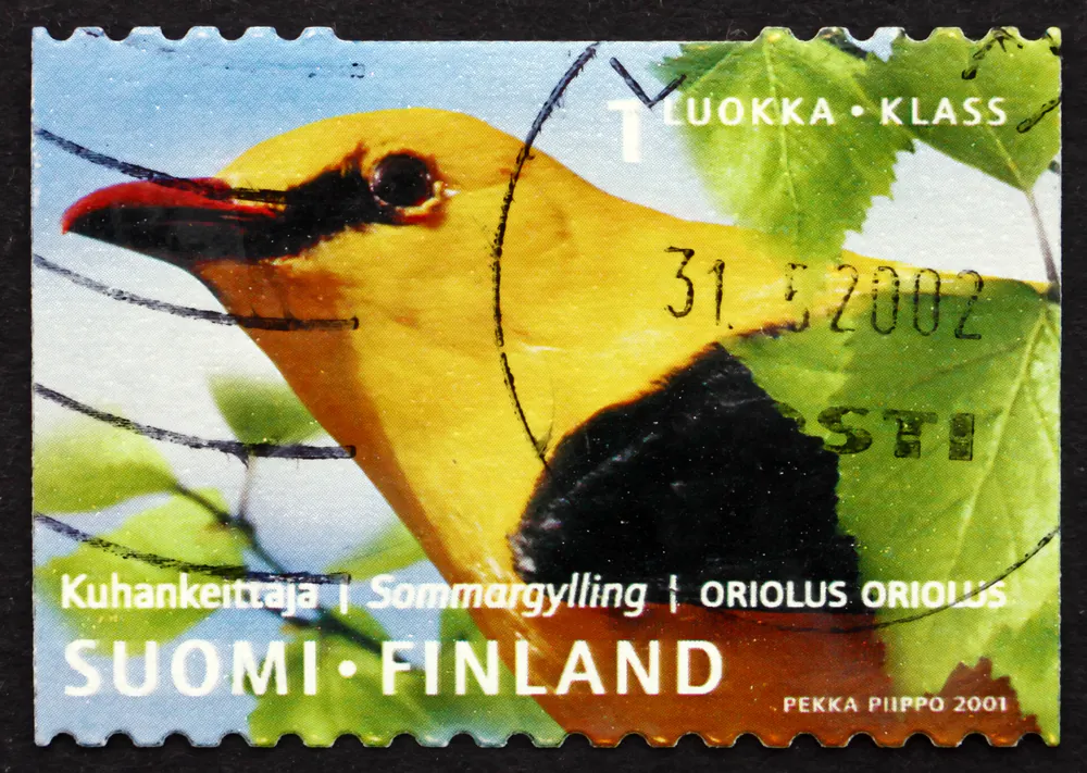 Stamp printed in the Finland with  Eurasian Golden Oriole, Passerine Bird. (*Shutterstock)