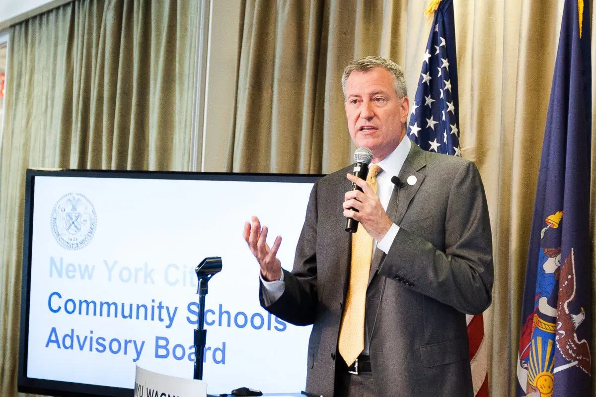 New York City Mayor Bill de Blasio at the Community Schools Advisory Board's first meeting at NYU Wagner, Manhattan, New York, July 17, 2014. (Petr Svab/Epoch Times)