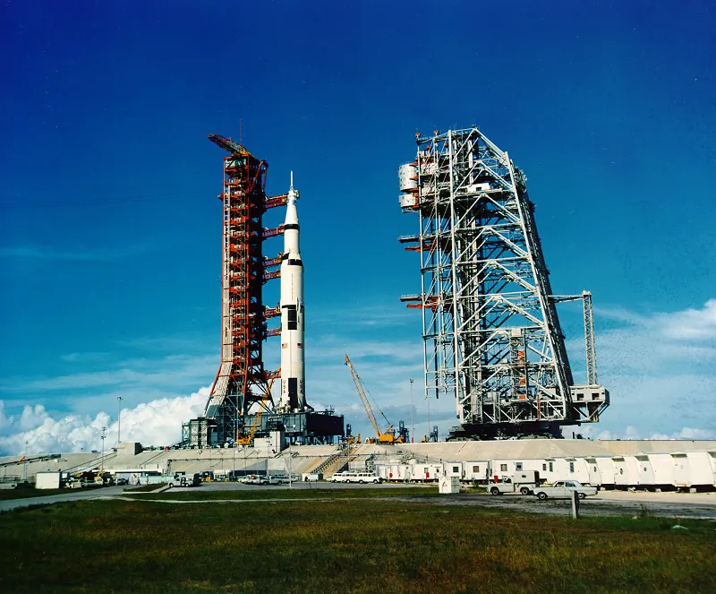 The Saturn V rocket that launched Neil Armstrong, Buzz Aldrin and Michael Collins on their Apollo 11 moon mission at Cape Kennedy, Fla., on July 16, 1969. (Courtesy of NASA)