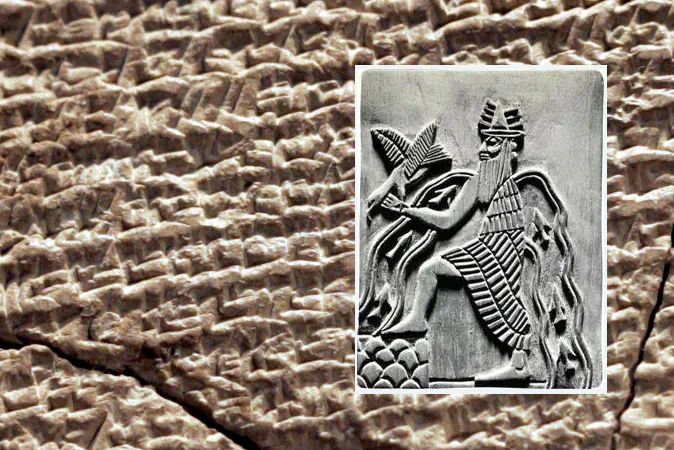A depiction of the Sumerian god Enki and a Sumerian tablet (background) from the 21st century B.C. with a hymn inscribed on it. (Wikimedia Commons)