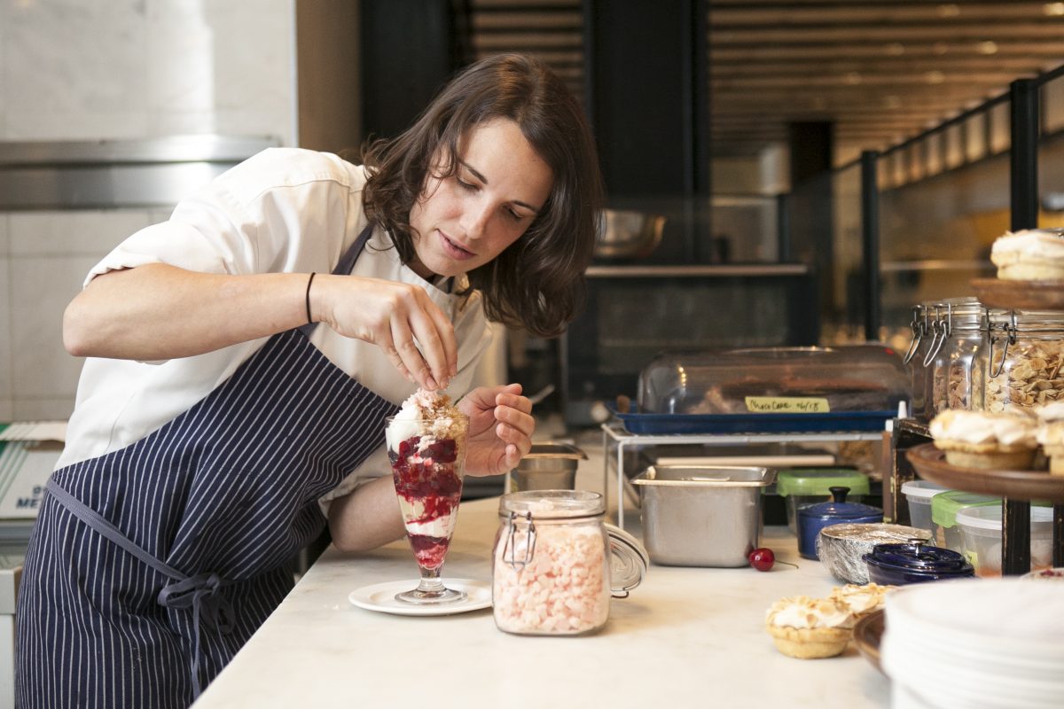 Pastry chef Tracy Obolsky assembles the Cherry Cola Sundae at North End Grill. (Samira Bouaou/Epoch Times)
