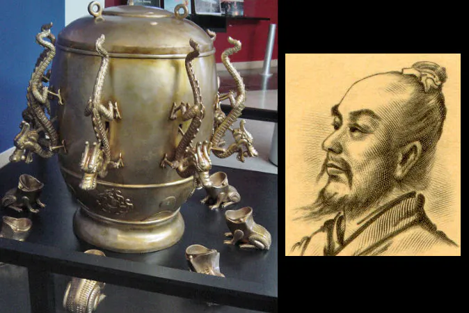 A replica of an ancient Chinese seismoscope from the Eastern Han Dynasty (25-220 A.D.), and its inventor, Zhang Heng. (Wikimedia Commons)