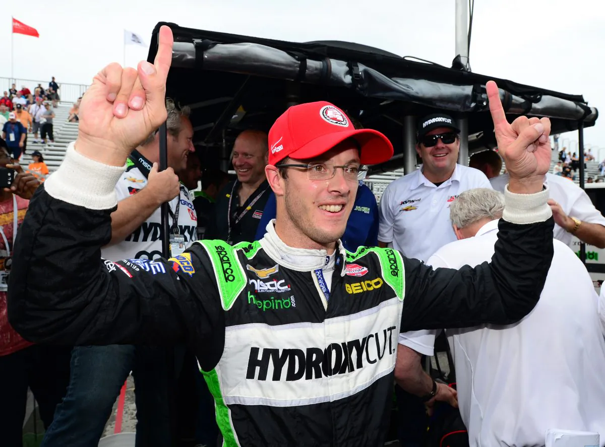 Sebastien Bourdais, driver of the #11 KVSH Racing Dallara Chevrolet celebrates earning pole position IndyCar Honda Indy Toronto, July 19, 2014, in Toronto, Ontario, Canada. (Robert Laberge/Getty Images)