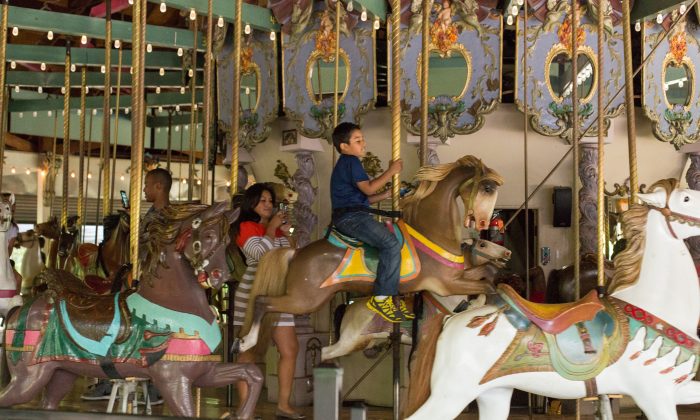 A boy rides the Forest Park Carousel June 30, 2014. The landmarked carousel was carved in 1903 by the Daniel Muller, who is recognized as one of the greatest designers of carousels. It is one of two that still remain across the country. (Laura Cooksey/Epoch Times)