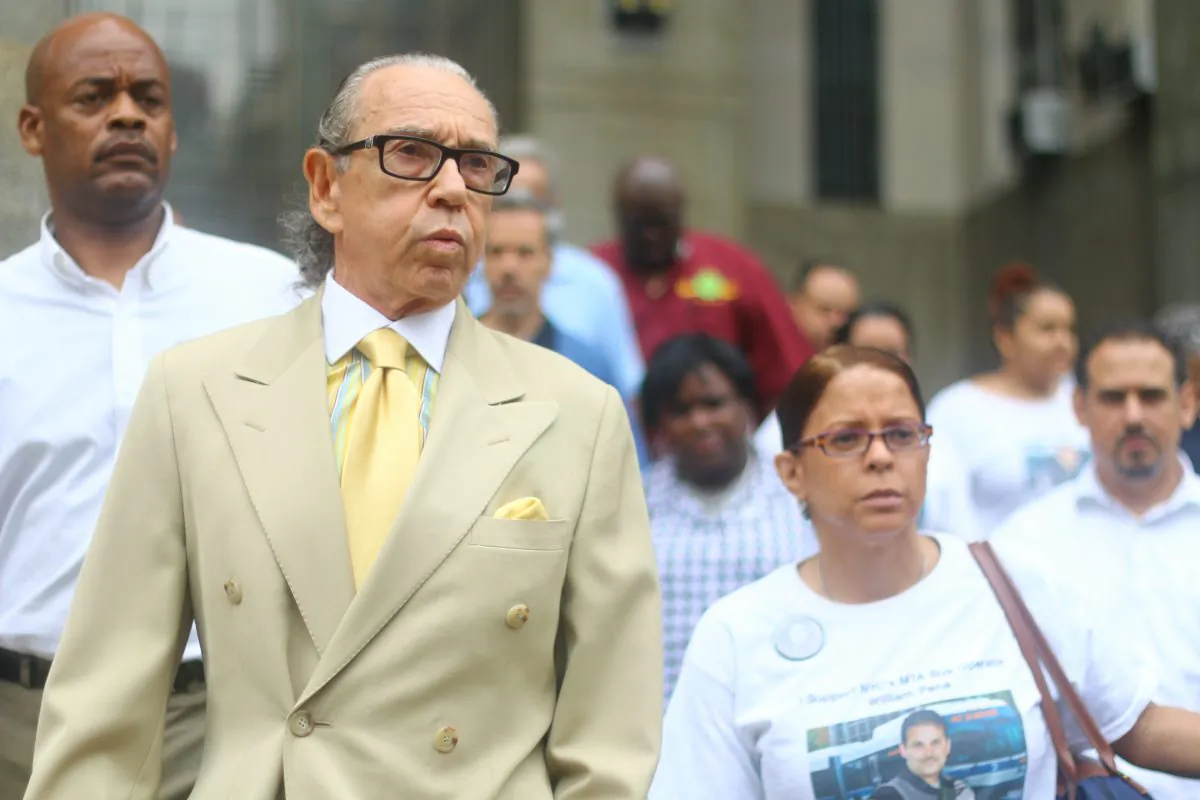 William Pena's common law wife Nancy Rodriguez (R) with lawyer Sanford Rubenstein outside the Supreme Court, New York, Monday, July 14, 2014. Rodriguez and Rubenstein strongly supported the Court's decision to uphold a felony murder charge against the man who allegedly drove a stolen truck into a bus driven by Rodriguez's long-term partner, killing him.(Brendon Fallon/Epoch Times)