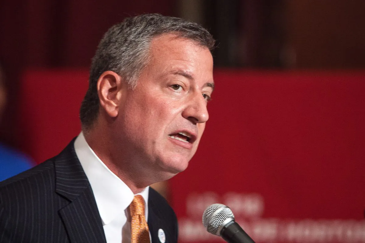 New York City Mayor Bill de Blasio at a press conference in I.S. 381 School in Brooklyn, New York, Monday, July 14, 2014. (Petr Svab/Epoch Times)