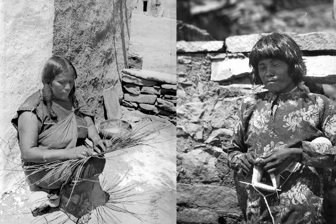 Photos of Hopi Native Americans, one weaving a basket, the other knitting a stocking, ca. 1900 and 1901 respectively. (Charles C. Pierce via Wikimedia Commons)