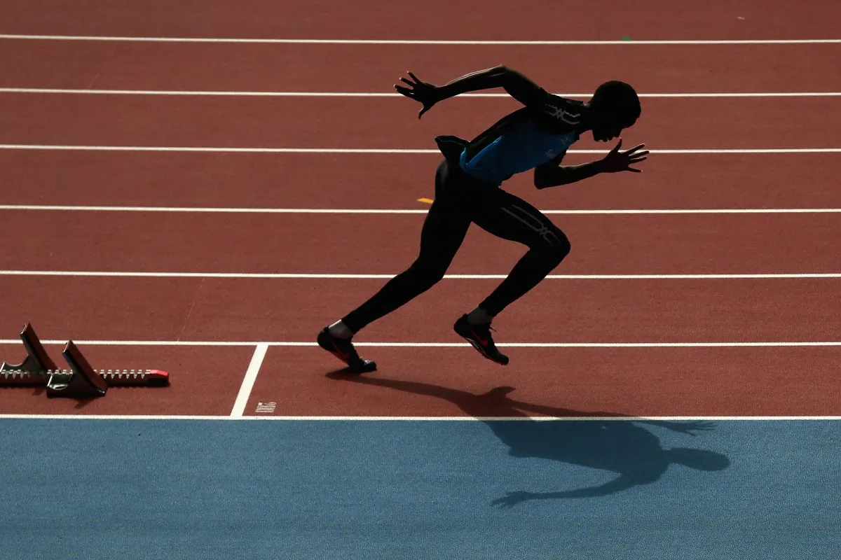 An athlete trains at Hampden Park, venue for the track and field athletics ahead of the Commonwealth Games on July 23, 2014 in Glasgow, Scotland. (Photo by Cameron Spencer/Getty Images)