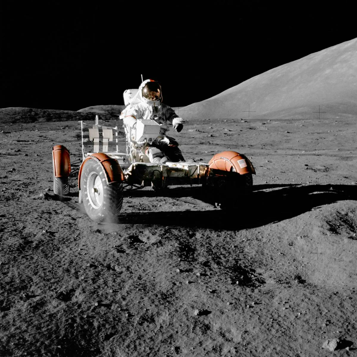 "NASA Apollo 17 Lunar Roving Vehicle" by NASA - http://grin.hq.nasa.gov/ABSTRACTS/GPN-2000-001139.html. Licensed under Public domain via Wikimedia Commons.
July 27, 2014
Moon
After making it to space, the first step is to visit our nearest celestial body — the moon. It took the legendary Apollo 11 mission in 1969 four days to do