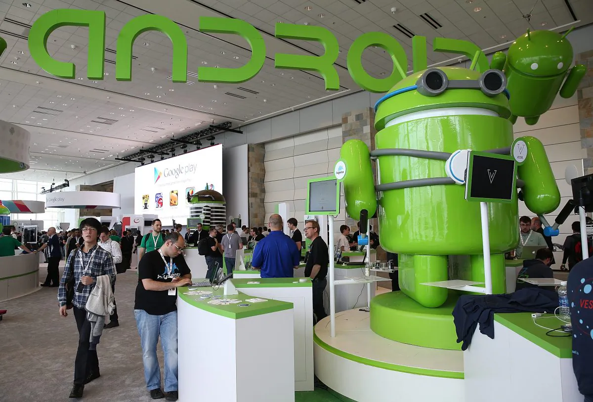 Attendees visit the Android booth during the Google I/O developers conference at the Moscone Center on May 15, 2013 in San Francisco, California. (Photo by Justin Sullivan/Getty Images)