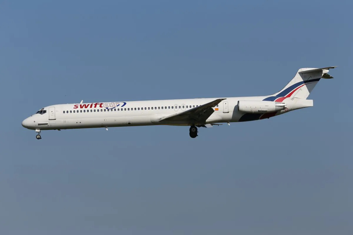 This photo taken on Friday, May 16, 2014 shows an MD-83 aircraft in the livery of Swiftair landing at Zaventem Airport Brussels.  (AP Photo/Kevin Cleynhens)