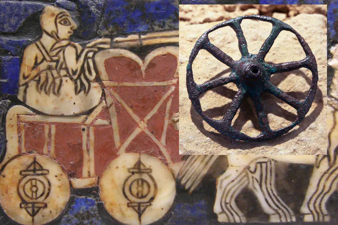Left: Detail of the "Standard of Ur", ca. 2500 B.C. Right: Miniature wheel (from a toy cart or similar symbolic object) of ancient Rome. (Wikimedia Commons)