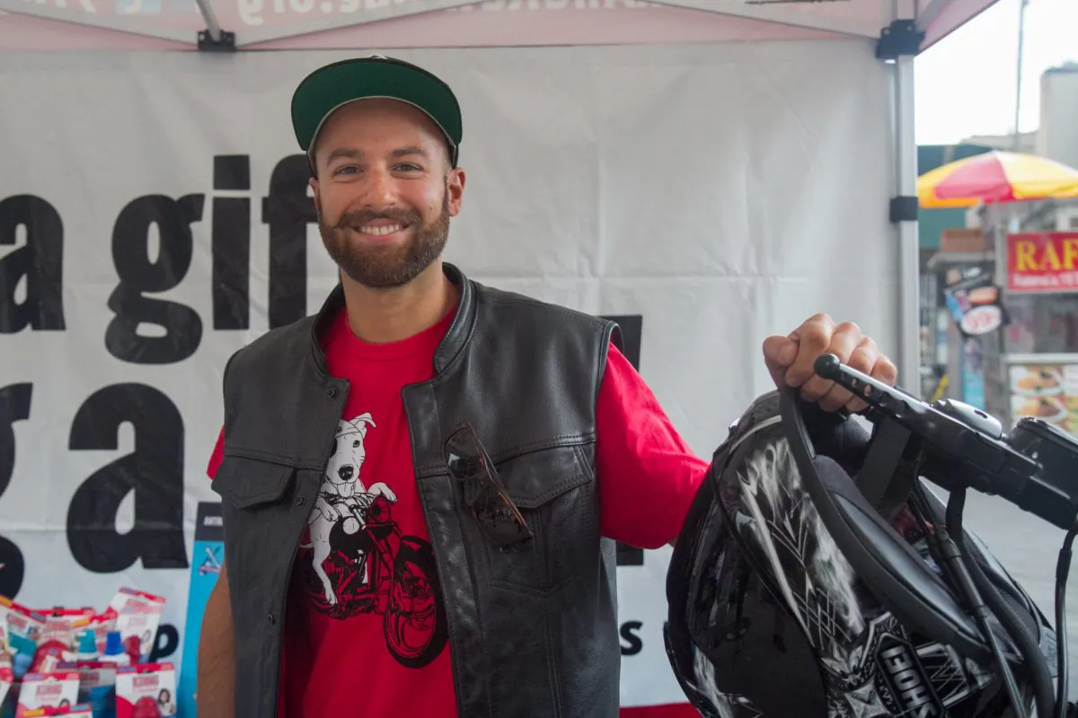 Anthony L. Ungaro, a U.S. Marine Corps veteran at a public event in front of the Union Square PETCO store, on Monday, July 28, 2014. Ungaro will be traveling across the country on his Harley Davidson bike to bring supplies and toys to underserved animal shelters, and encourage more people to adopt shelter pets. (Annie Wu/Epoch Times)