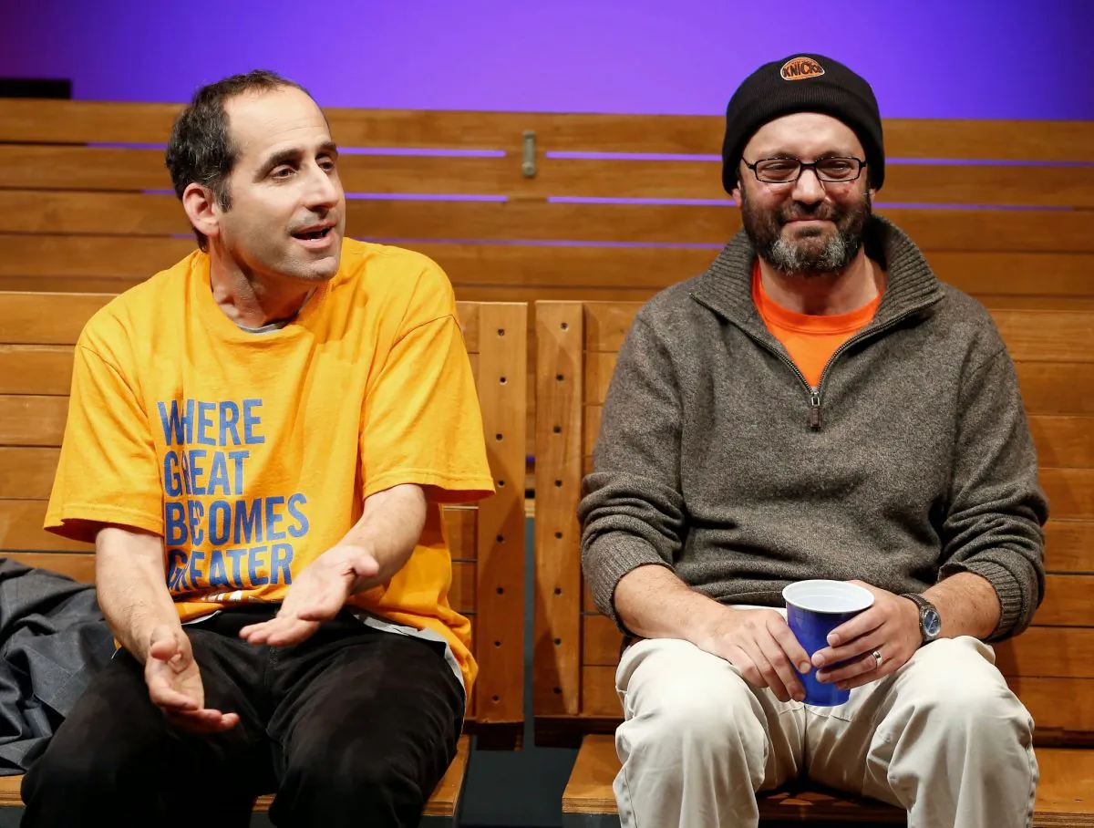 In “Sec. 310, Row D, Seats 5 and 6” by Warren Leight, guys talk, in this case (L–R) Roman (Peter Jacobson) and Eddie (Geoffrey Cantor). (Carol Rosegg) 