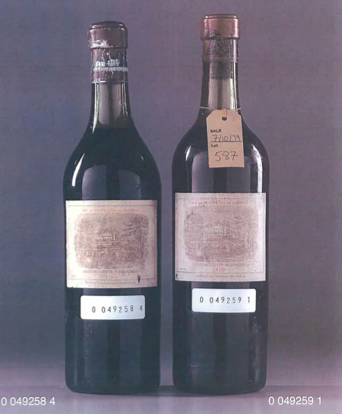 An exhibit from the William I. Koch Wine Authentication Report, Aug. 28, 2009, showing a 1799 Château Lafite bottle (L), concluded as counterfeit. On the right, an1800 Lafite for comparison.
(Koch v. Greenberg Public Record)