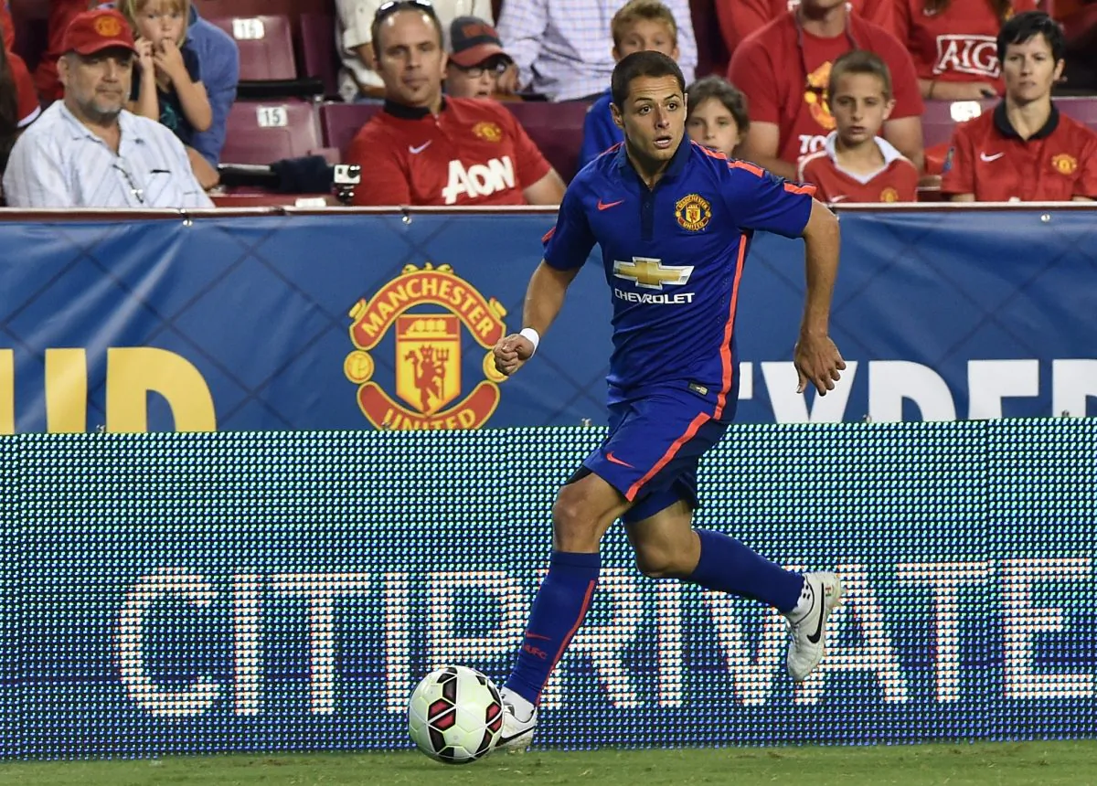 Manchester United's Javier 'Chicharito' Hernandez moves the ball against Inter Milan during a Champions Cup match against Inter Milan at FedEx Field in Landover, Maryland, on July 29, 2014. (NICHOLAS KAMM/AFP/Getty Images)