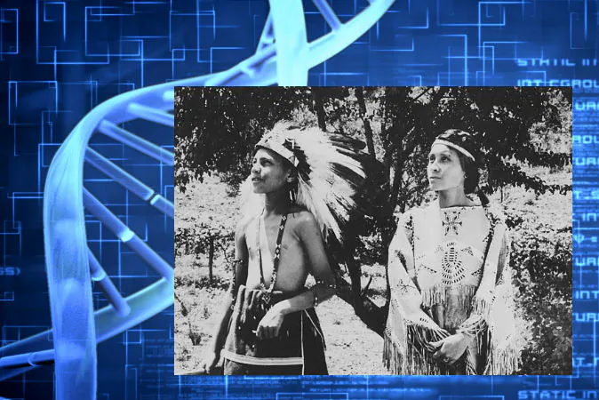 A Cherokee boy and girl stand in costume on a North Carolina reservation in 1939. (Wikimedia Commons, background image of DNA via Thinkstock)