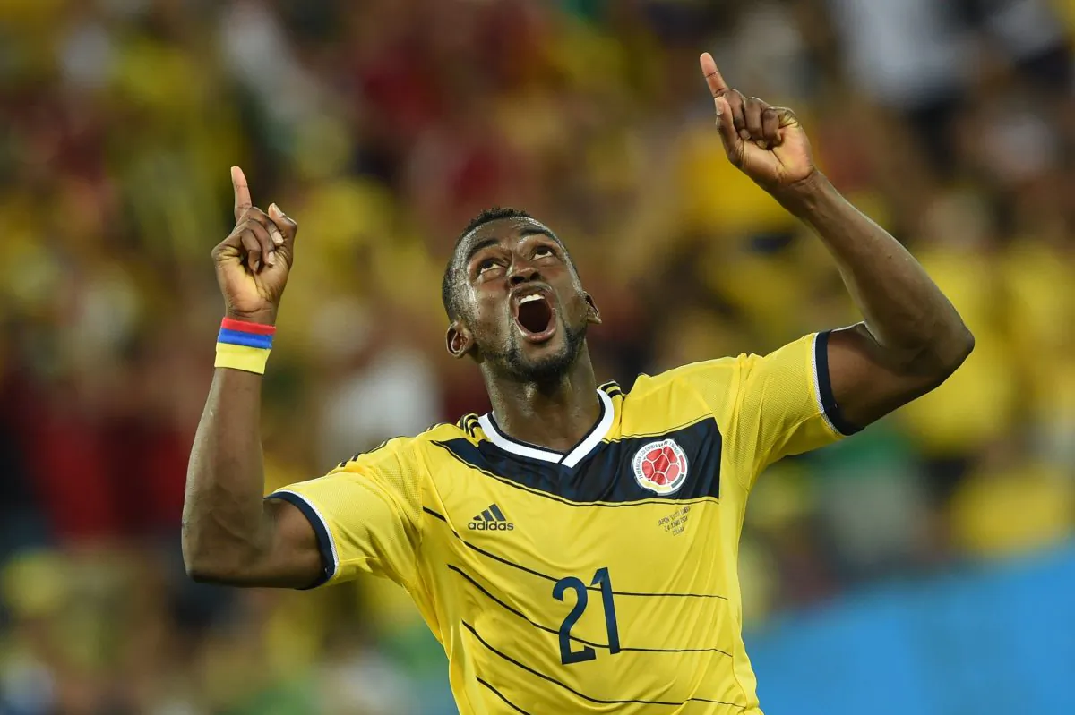 Colombia's forward Jackson Martinez celebrates after scoring his second goal during the Group C football match between Japan and Colombia at the Pantanal Arena in Cuiaba during the 2014 FIFA World Cup on June 24, 2014. (TOSHIFUMI KITAMURA/AFP/Getty Images)
