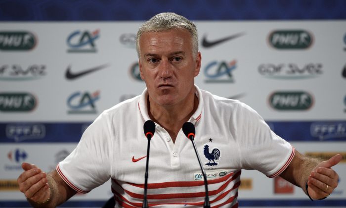 France's coach Didier Deschamps speaks during a press conference at a theater in Ribeirao Preto on July 1, 2014, during the 2014 FIFA World Cup in Brazil. (FRANCK FIFE/AFP/Getty Images)