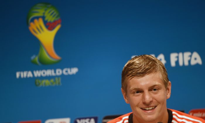 Germany's midfielder Toni Kroos addresses a press conference at the Maracana Stadium in Rio de Janeiro on July 3, 2014 on the eve of the quarter final football match between France and Germany in the 2014 FIFA World Cup in Brazil. (PATRIK STOLLARZ/AFP/Getty Images)
