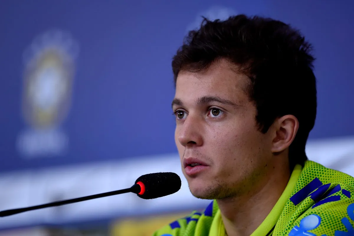 Bernard speaks during a press conference of the Brazilian national football team at the squad's Granja Comary training complex, on July 06, 2014 in Teresopolis, 90 km from downtown Rio de Janeiro, Brazil. (Photo by Buda Mendes/Getty Images)