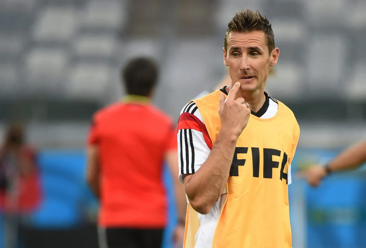 Germany's forward Miroslav Klose attends a training session at The Mineirao Stadium in Belo Horizonte on July 7, 2014 on the eve of their 2014 FIFA World Cup semi-final against Brazil. (PATRIK STOLLARZ/AFP/Getty Images)