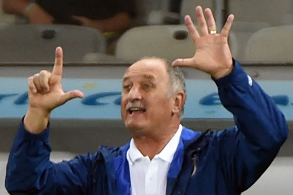 Brazil's coach Luiz Felipe Scolari gestures during the semi-final football match between Brazil and Germany at The Mineirao Stadium in Belo Horizonte on July 8, 2014, during the 2014 FIFA World Cup . (PEDRO UGARTE/AFP/Getty Images)