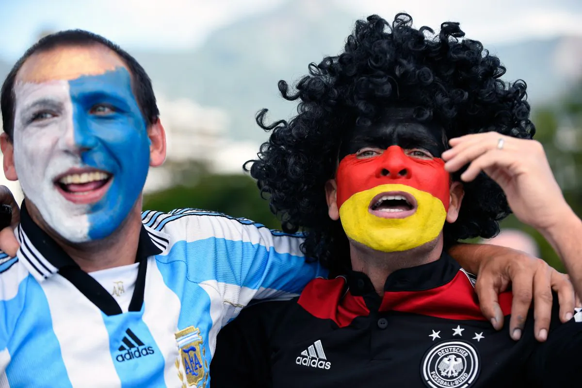 Argentina and Germany fans cheer prior to the 2014 FIFA World Cup final football match between Germany and Argentina at the Maracana Stadium in Rio de Janeiro, Brazil on July 13, 2014. (Pedro Ugarte/AFP/Getty Images)
