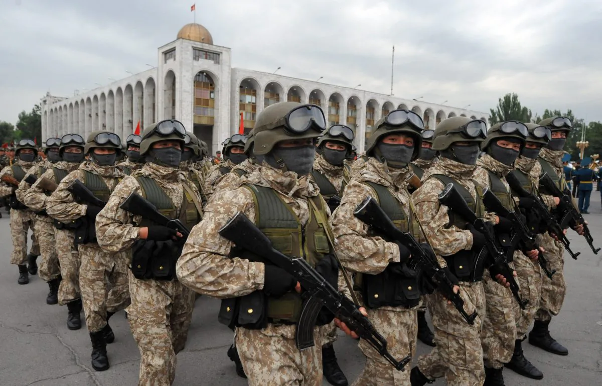 Kyrgyz soldiers march during celebrations of the 22th anniversary of the Kyrgyz millitary forces at the central Ala-Too Square in the Kyrgyzstan's capital Bishkek on May 29, 2014. (Vyacheslav Oseledko/AFP/Getty Images)
