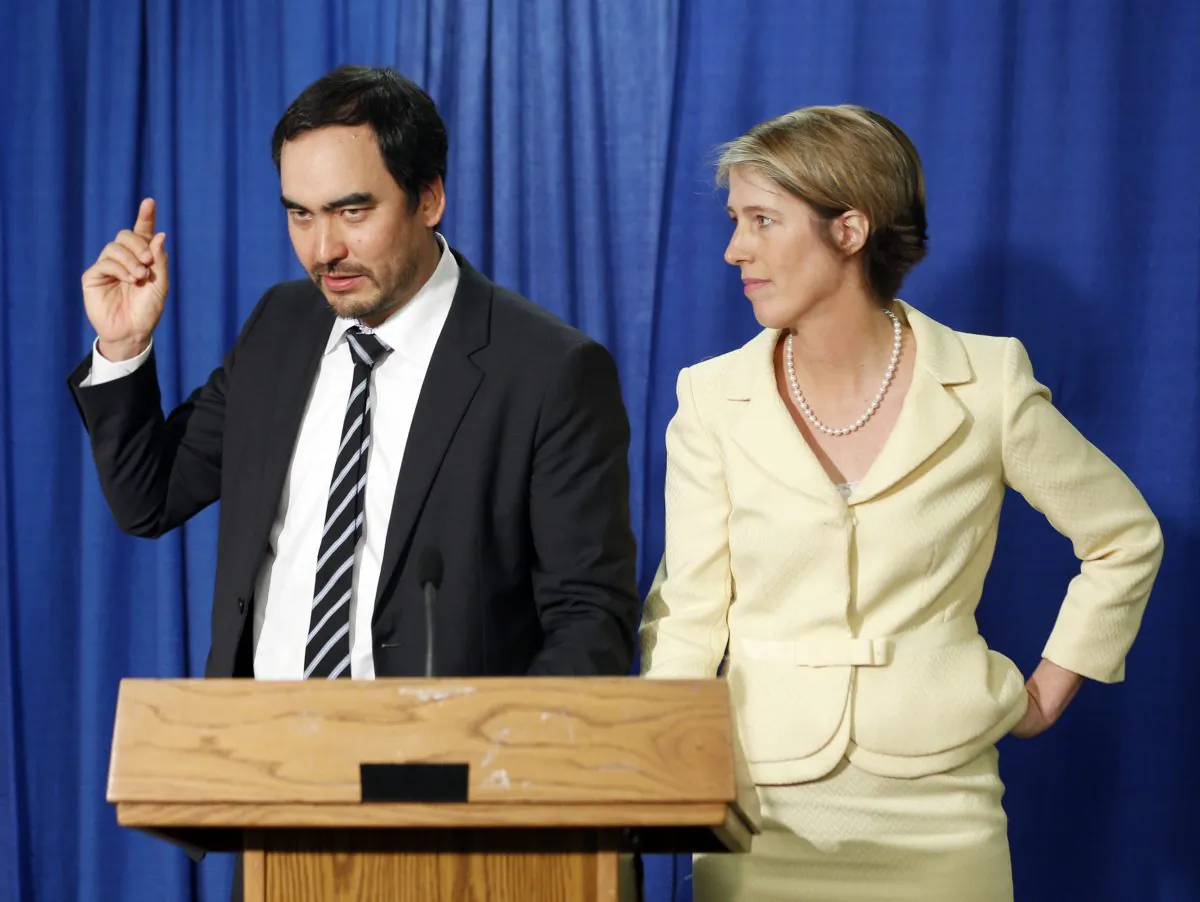 Democratic candidate for governor Zephyr Teachout (R), listens as her running mate Tim Wu speaks during a news conference in Albany, N.Y., on June 16, 2014. (AP Photo/Mike Groll)