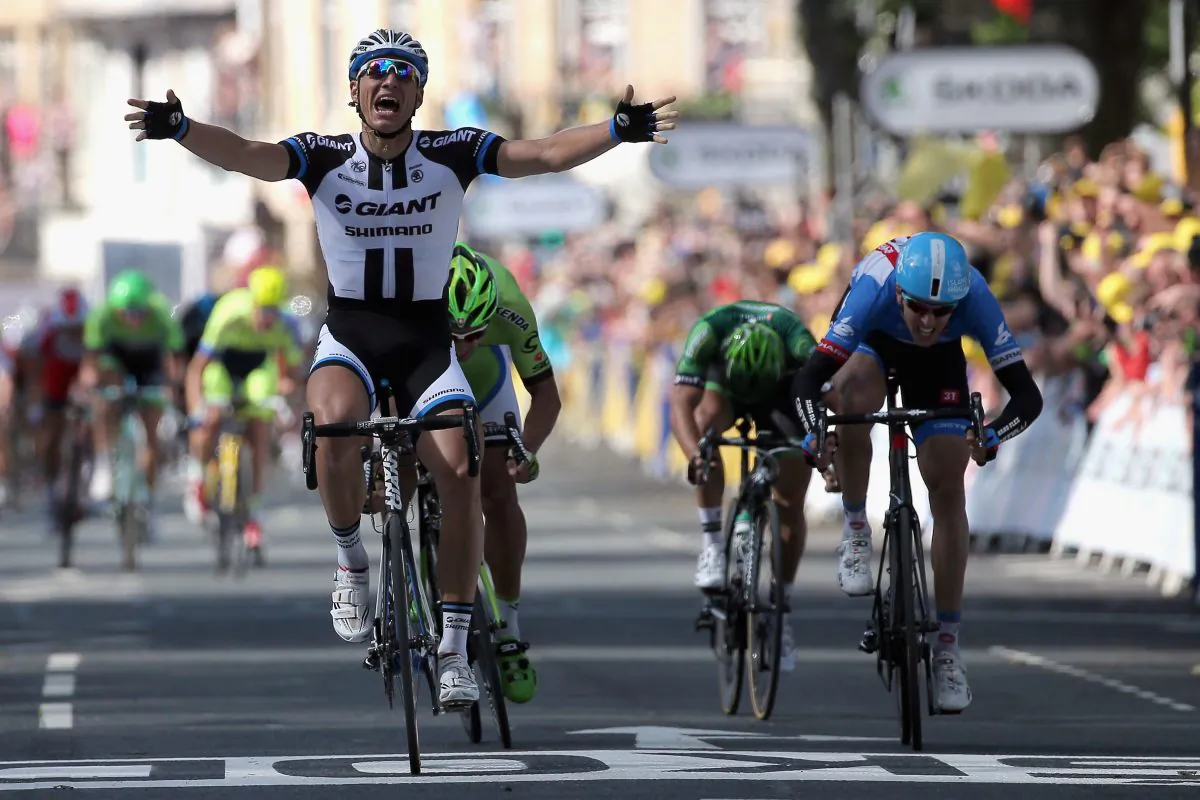 Marcel Kittel of Giant-Shimano celebrates his victory ahead of Peter Sagan of Cannondale in second place, Ramunas Navardauskas of Garmin-Sharp in third place and Bryan Coquard of Europcar in fourth place in Stage One of the 2014 Tour de France from Leeds to Harrogate on July 5, 2014 in Harrogate, United Kingdom. (Doug Pensinger/Getty Images)