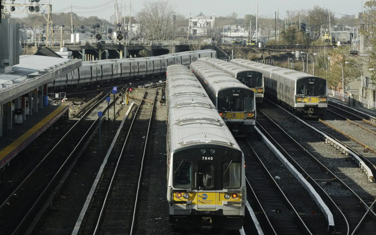 A train makes its way to the Long Island Rail Road (LIRR) Jamaica Station in the Queens borough of New York Nov. 1, 2012. Unions negotiating with the Metropolitan Transportation Authority said July 14, 2014, that talks aimed at avoiding a walkout at the LIRR, the nation's largest commuter railroad, have collapsed. (AP Photo/Frank Franklin II)